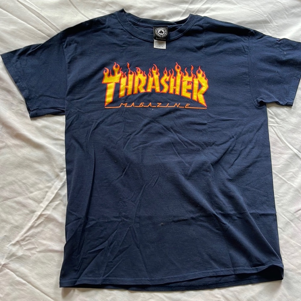 Thrasher Magazine San Francisco Flames Skate T-Shirt size men’s Large Dark Blue